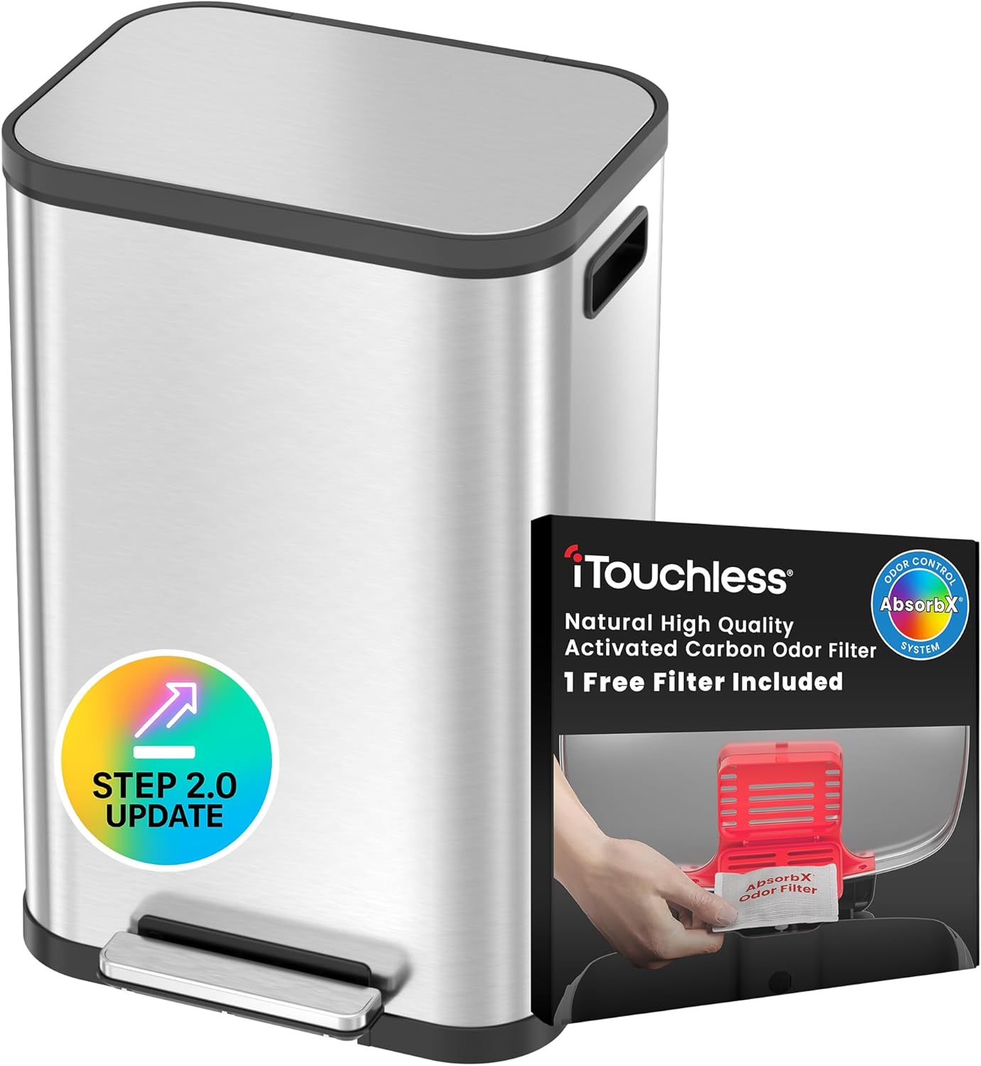 iTouchless 13.2 Gallon Step 2.0 Technology SoftStep Prox Kitchen Trash Can with AbsorbX Odor Filter and Removable Inner Bucket, Stainless Steel for Home Office Business Store Garage