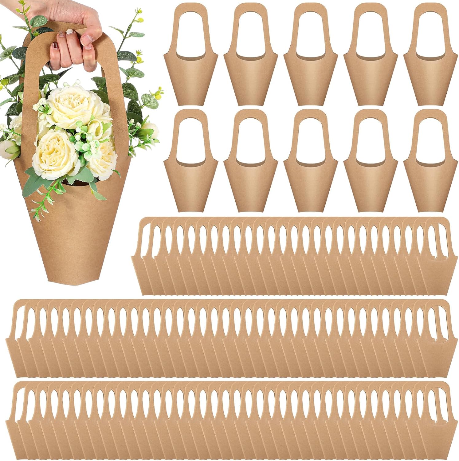 400 Packs Kraft Paper Flowers Gift Bags with Handle Flowers Bouquet Holder for Wedding, Valentines Day Decoration, Florist Shop (Small)
