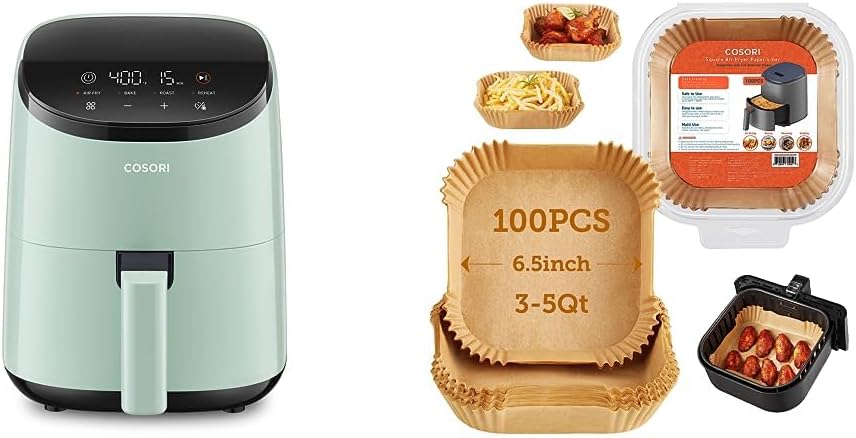 COSORI Small Air Fryer Oven 2.1 Qt, 4-in-1 Mini Airfryer, Bake, Roast, Reheat, Space-saving & Low-noise, Nonstick & Air Fryer Liners, 100 PCS Square Disposable Paper Liners, Non-Stick