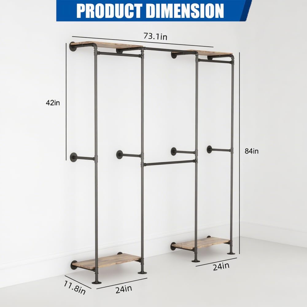 Industrial Pipe Clothing Rack, Wall Mounted Clothing Rack for Hanging Clothes, Adjustable L Shape Corner Clothes Rack with Shelves, Closet System for Walk in Closets(BLACK)