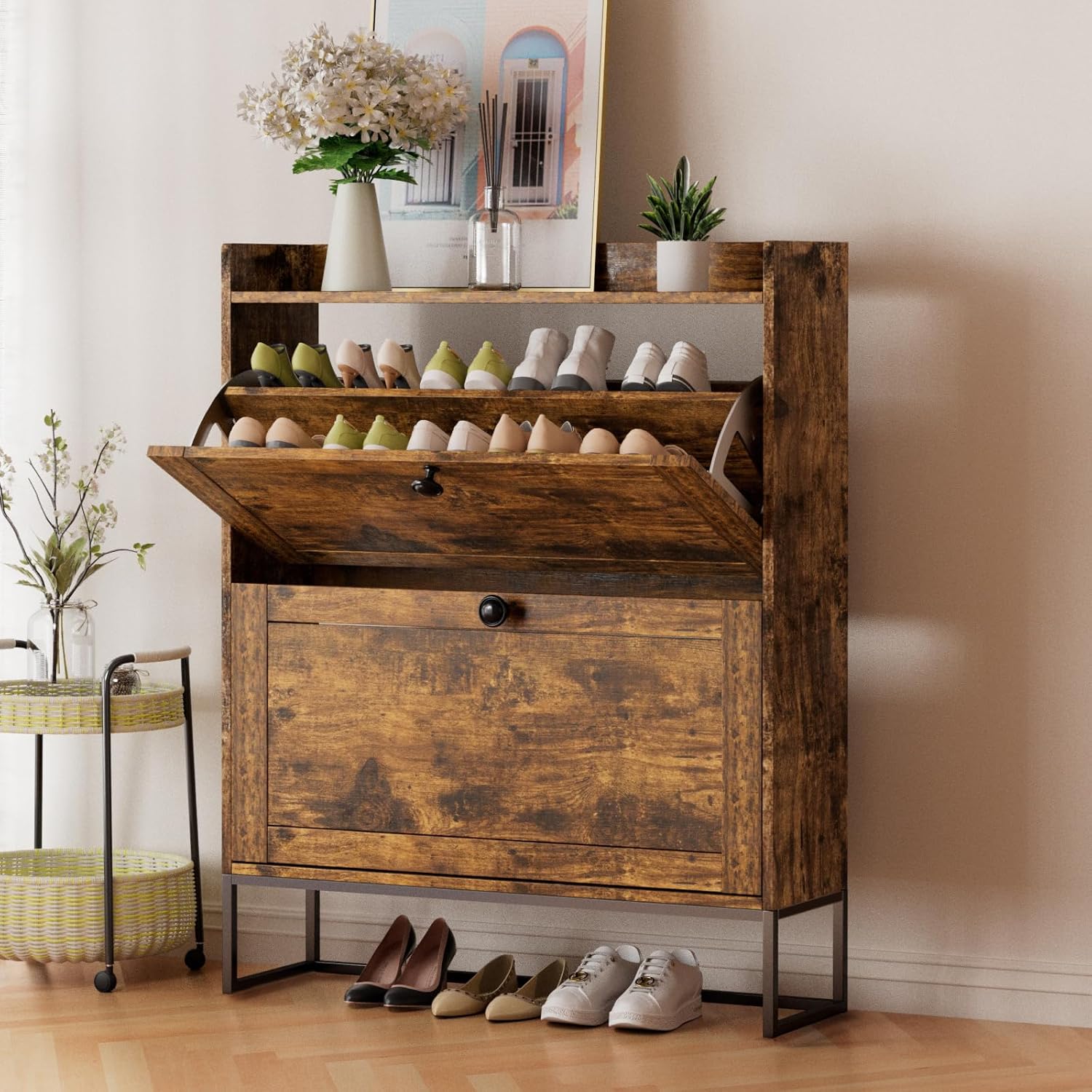 Shoe Cabinet Storage,Modern Shoe Organizer with 2 Flip Drawers,Wooden Shoe Cabinet for Entryway,Freestanding Shoe Closet Cabinet for Hallway,Living Room,Walnut Furniture