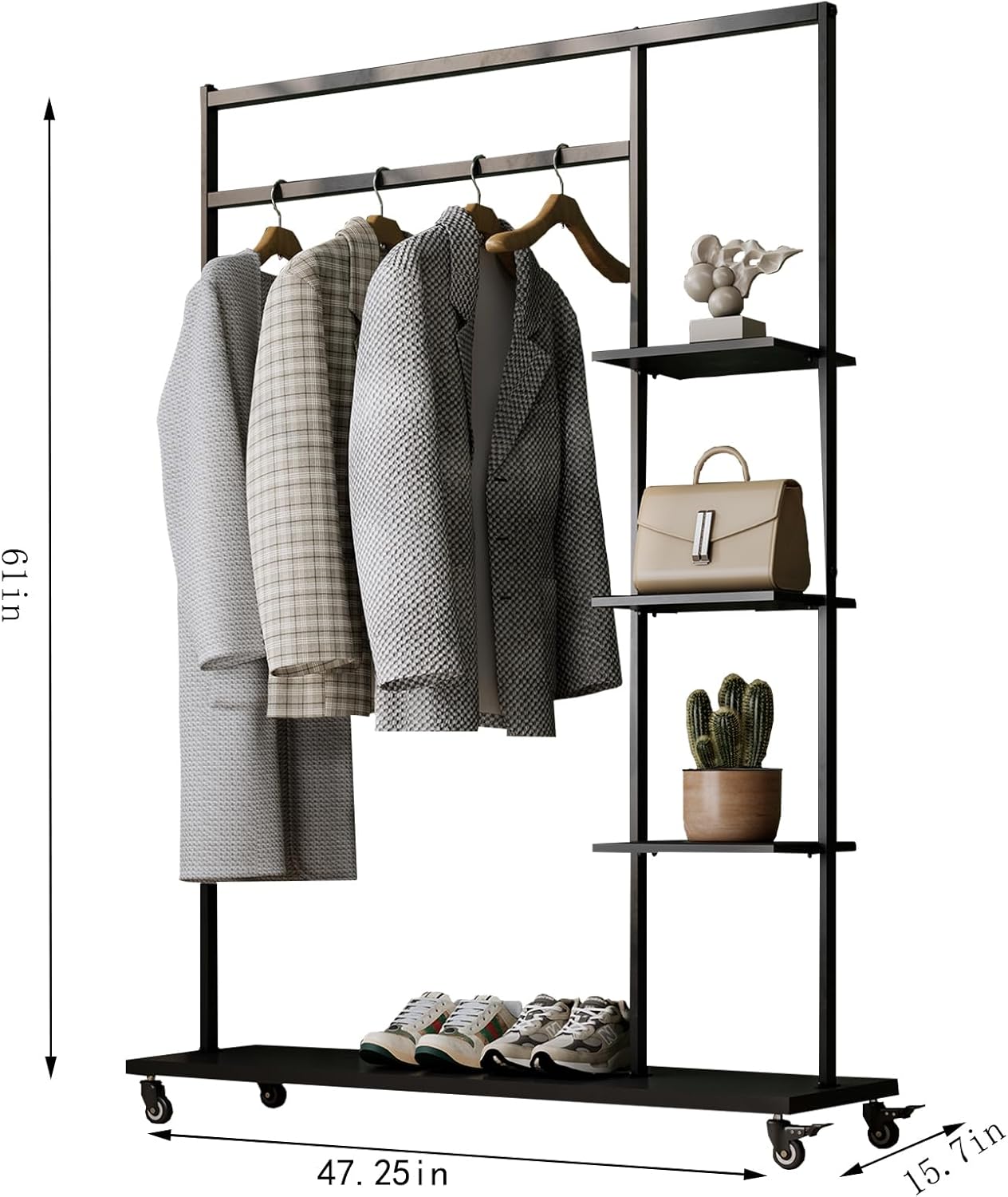 Clothing rack with shelves,Heavy Duty clothes rack with wheels,Rolling Garment Rack for hanging clothes with 4 flank Shelves,Metal Closets wardrobe rack for Bedroom/Boutique/Cloakroom