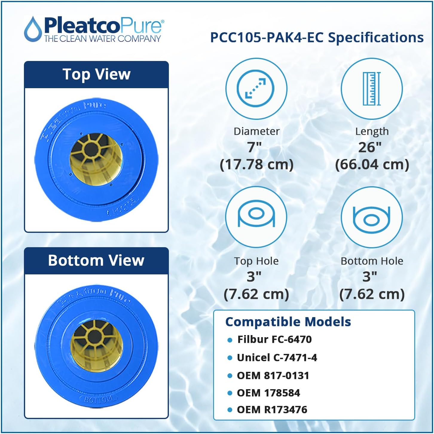 Pleatco PCC105-PAK4-EC Pool Filter Cartridge Replacement for Unicel: C-7471-4, Filbur: FC-6470, OEM Part Numbers: 817-0131, 178584, R173476, White