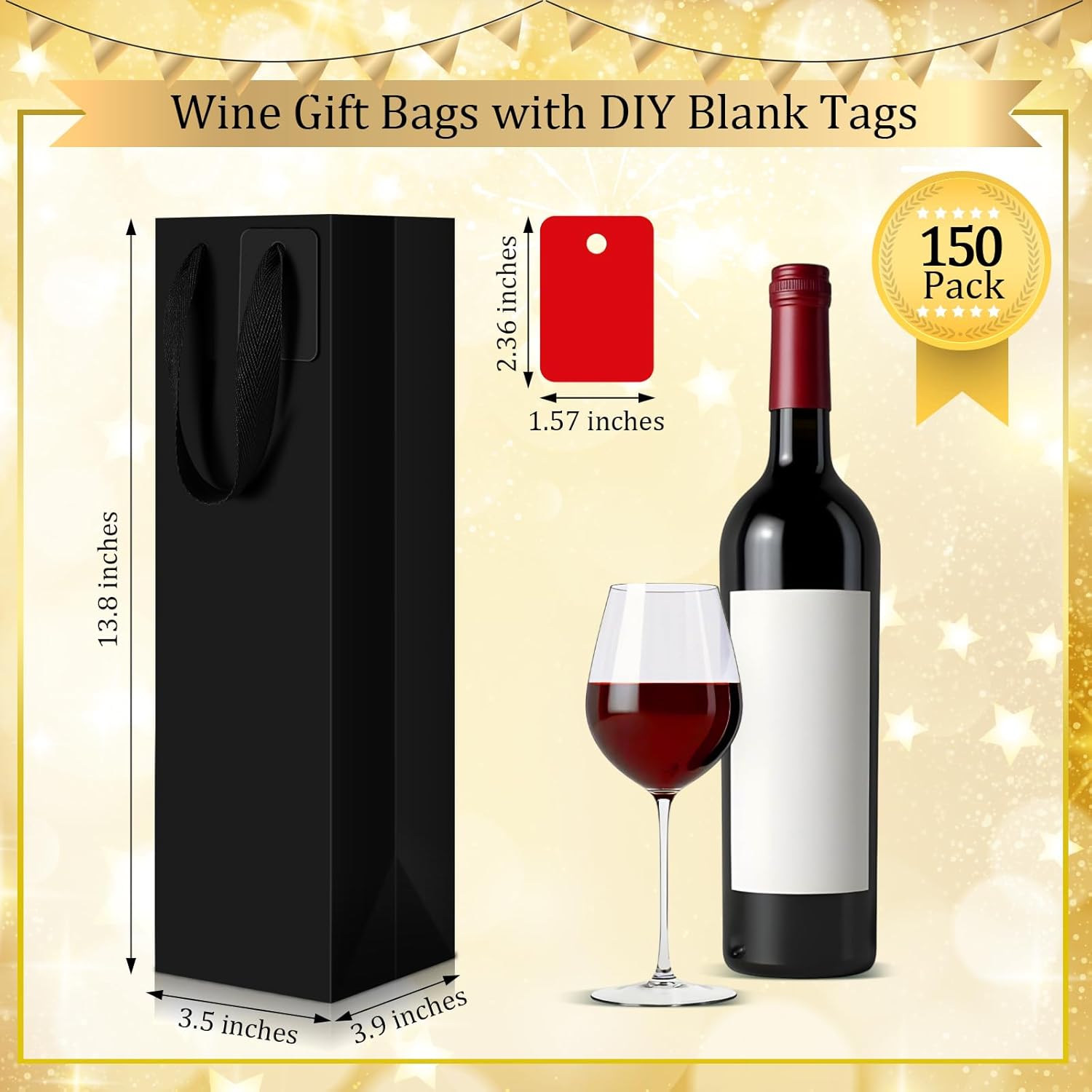 Windyun Paper Wine Gift Bags Bulk with Handle Reusable Small 13.8x3.5x3.9 Inches Liquor Bottle Totes with DIY Blank Thank You Tags for Birthday Wedding Christmas Holiday Party(150 Pack,Black)