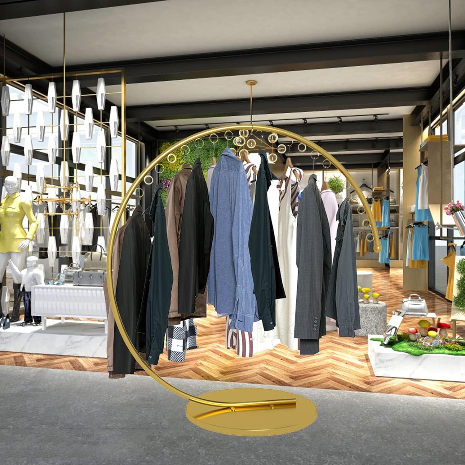 Heavy Duty Portable Clothing Rack, Commercial Grade Metal Garment Rack with Stable Base for Hanging Clothes, C-Style Round Rack for Retail Boutiques and Clothing Displays (Gold, 150CM)
