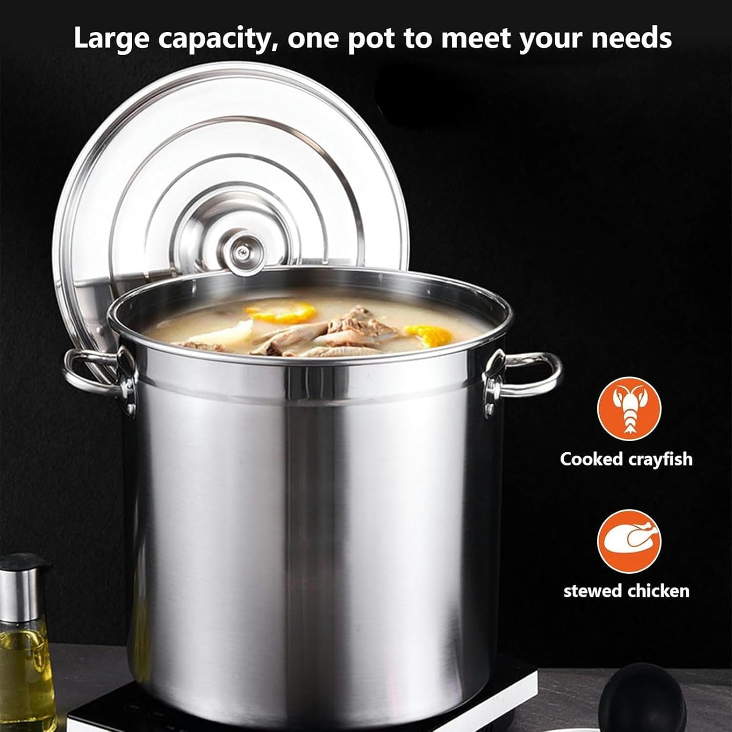 Soup Pot Stainless Steel Soup Bucket Large Capacity 15L/22L/32L/44L/58L Cookware with Lid,Saucepans Suitable for Induction, Ceramic and Halogen,44L/46cm*26cm(44L/46cm*26cm)