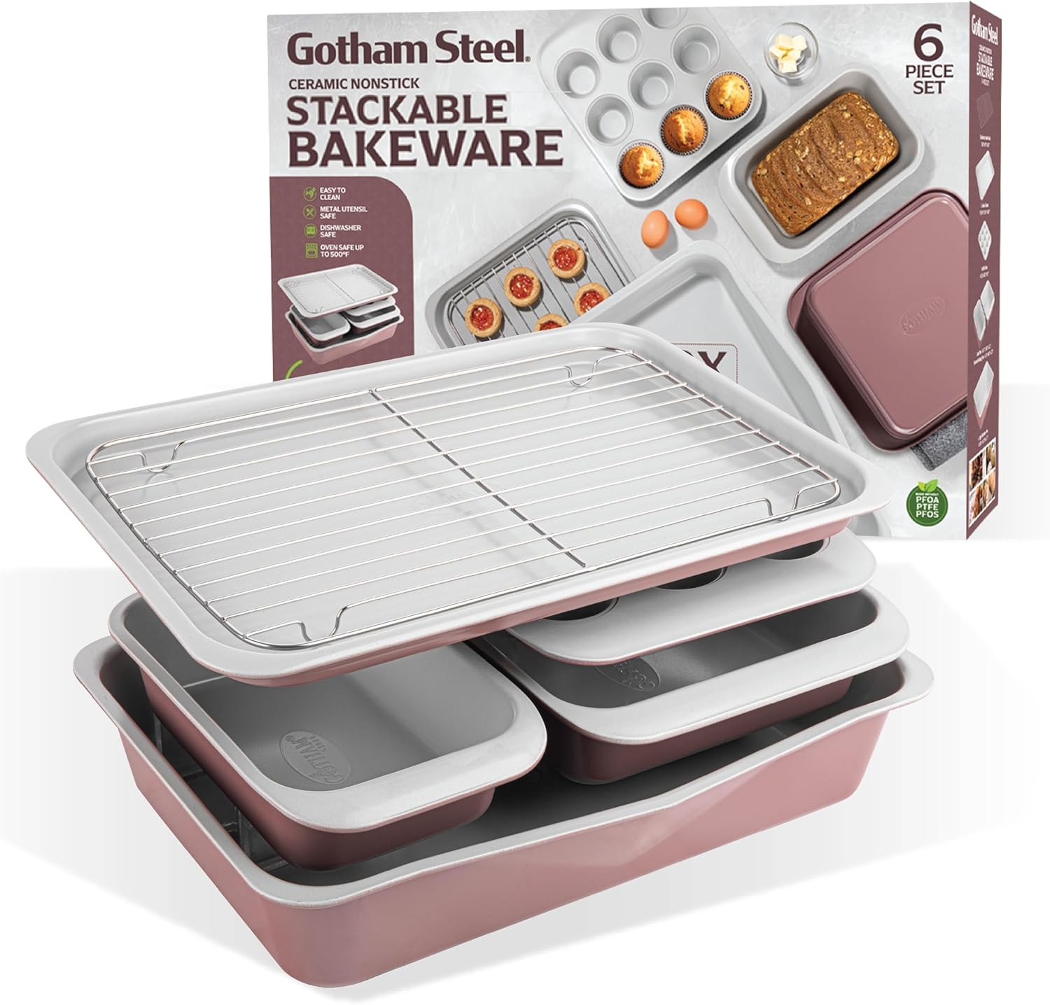 Gotham Steel 6 Pc Stackable Baking Pans Set, 70% Space Saving Design, Ceramic Bakeware Sets Non Toxic Made Without PFOA PFOS, with Baking Sheet Tray, Cake & Muffin Pans, Oven & Dishwasher Safe