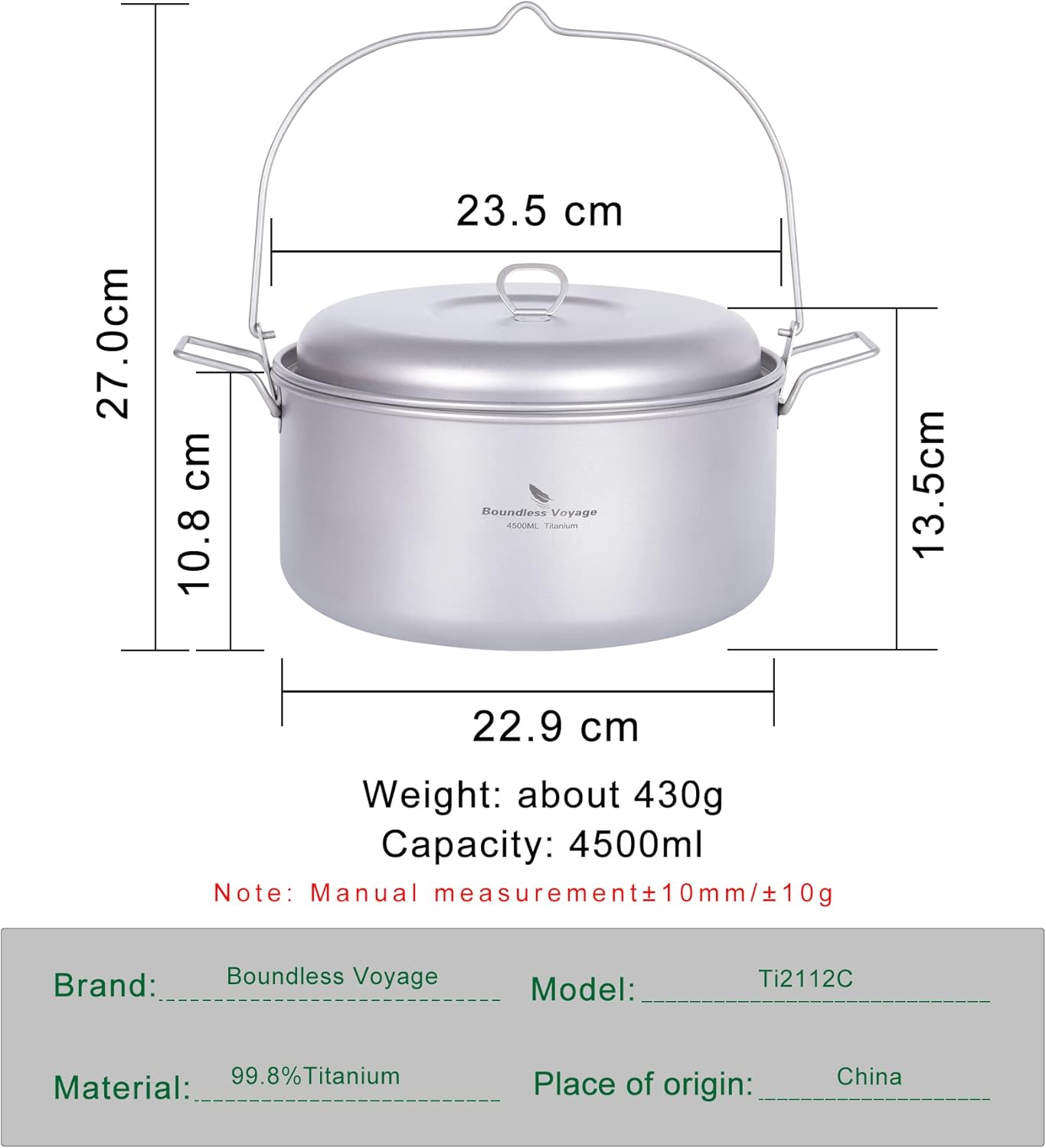 Boundless Voyage Titanium Food Steamer Pan Stock Pot Soup Pot Outdoor Hanging Pot Portable Travel Household Kitchenware Cooking Kit Hot Pot for Camping Picninc