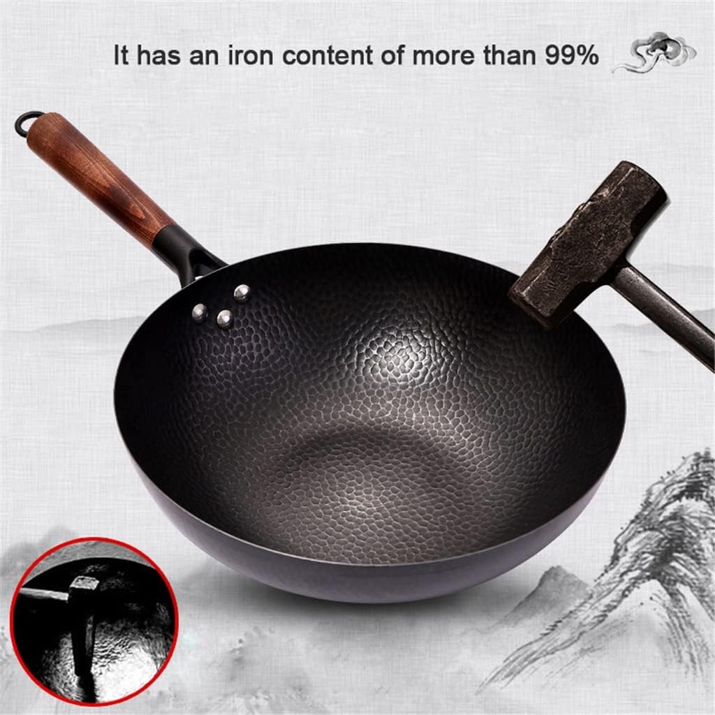 Iron wok,Traditional Handmade pan,Non-coated,Non-stick,For Gas and Induction Cooker (32cm)