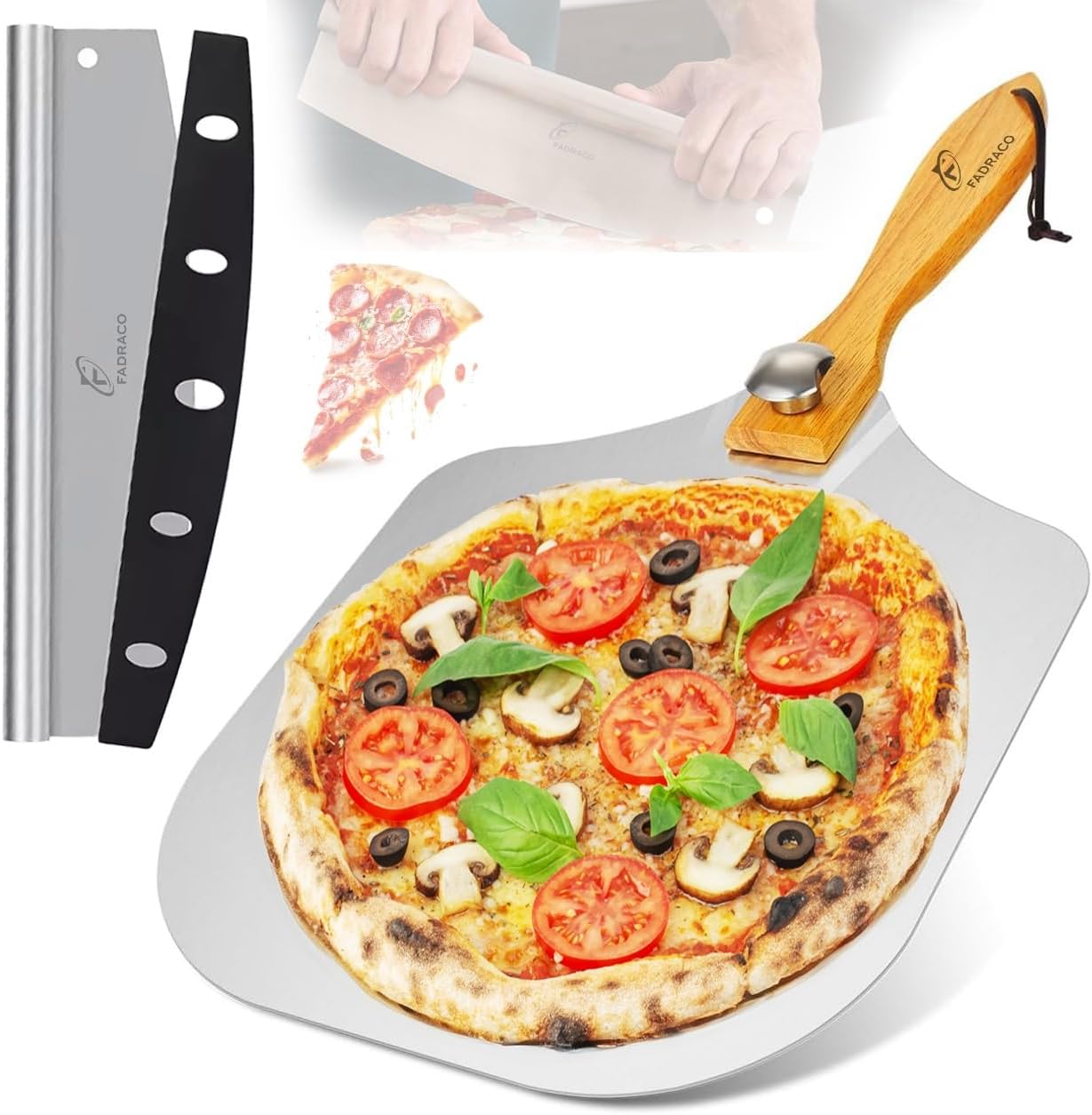 Fadra co complete pizza peel set (12x 14 Inch) Metal paddle with foldable Wooden Handle and Convenient cutter stone extra large grill accessories aluminum turning knife aluminum kitchen