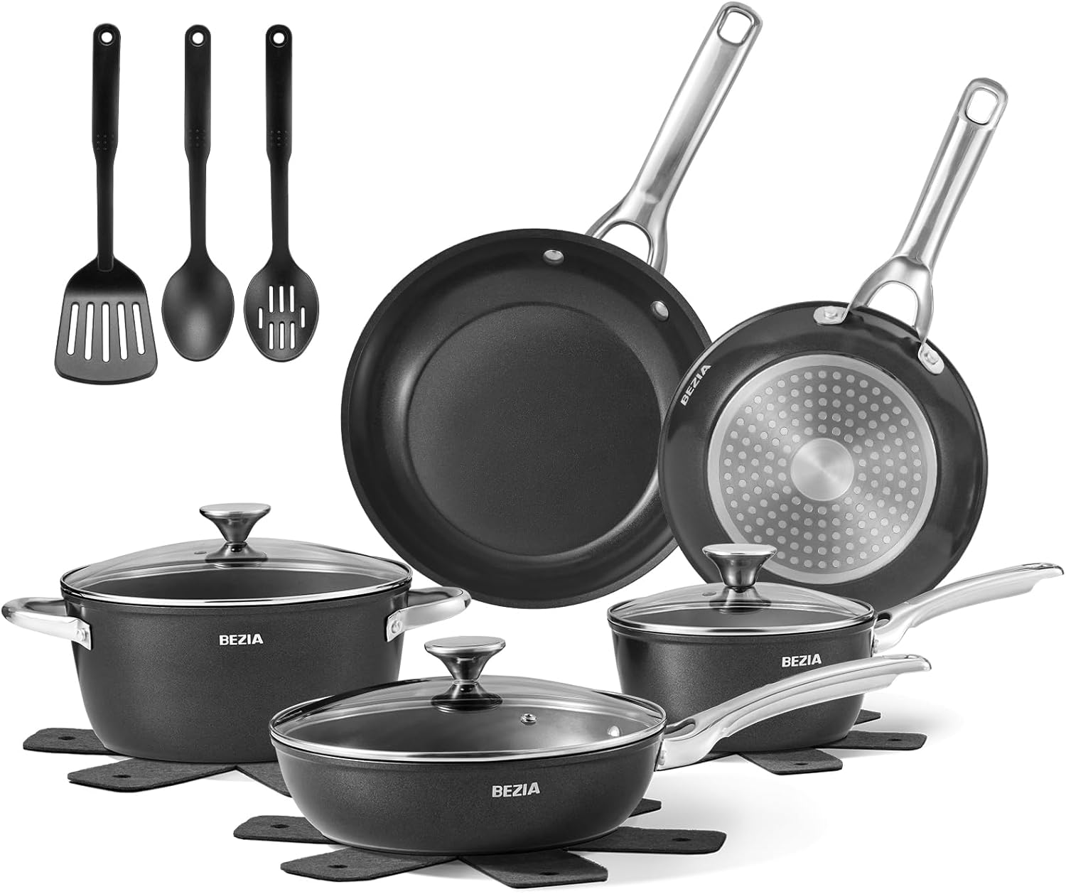 BEZIA Induction Cookware Set 15-Piece, Pots and Pans Set Non Stick with Ceramic Coating, Induction Pots Set with Stainless Steel Handles ＆ Lids, Oven Safe, Compatible with All Stoves