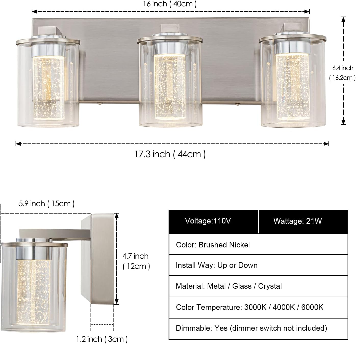 SineRise Brushed Nickel Vanity Light (3-Light, 17-Inch), (3000K/4000K/6000K, Dimmable), Eye Protection LED Bathroom Light Fixture, Modern Wall Light Over Mirror with Clear Glass Shade