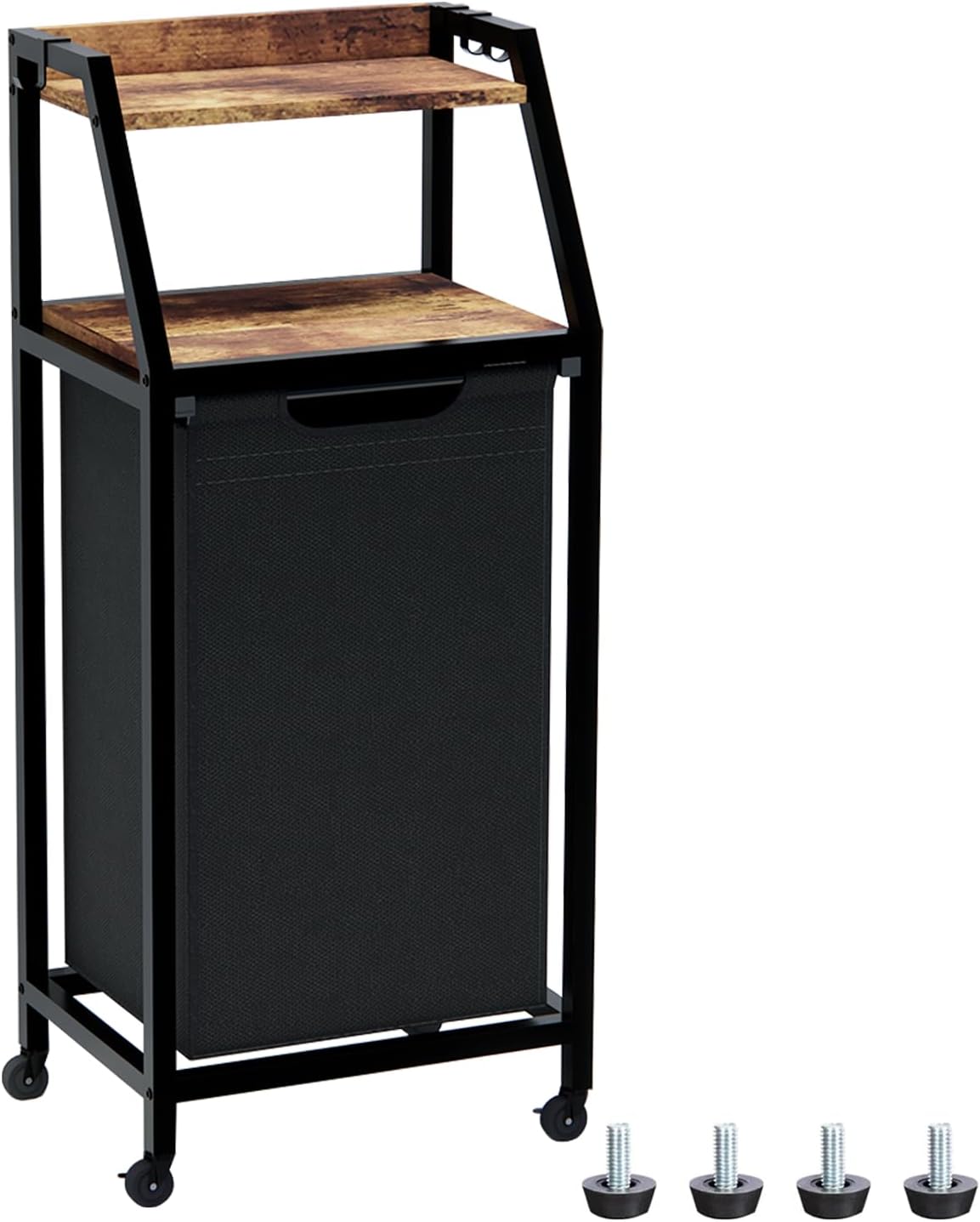 Laundry Hamper, Laundry Sorter with 4 Section, Rolling Basket with Wheels, 2 Shelves, 4 14.5 Gal, Pull-Out and Removable Oxford Fabric Bags for Laundry Room, Black and Rustic Brown