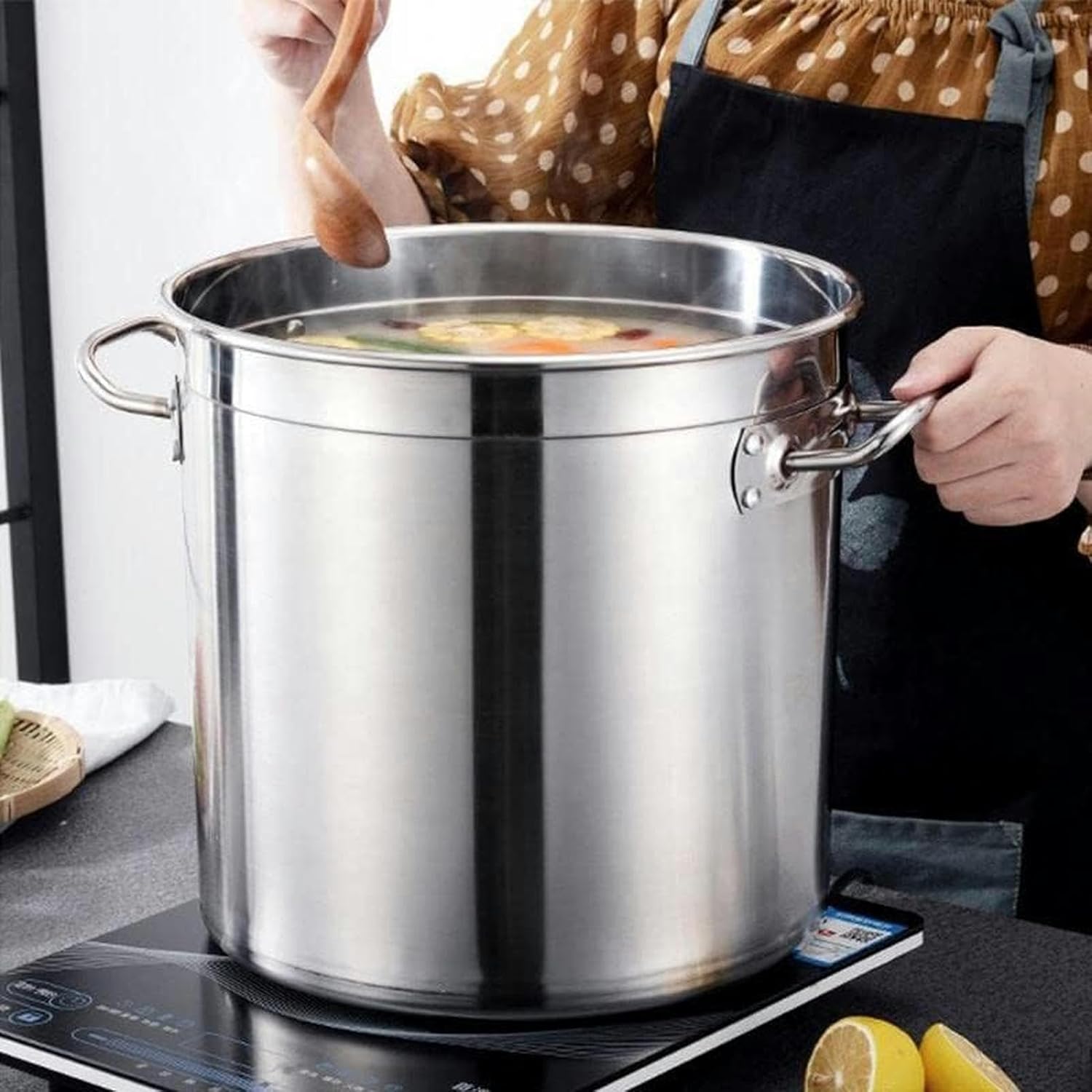 Stainless Steel Stockpot 27Qt/45Qt/63Qt Turkey Fryer Seafood Crab Boil Pot with Strainer Basket, Lid, Double Handle Versatile Pot for Household Outdoor,40x40cm(40x40cm)