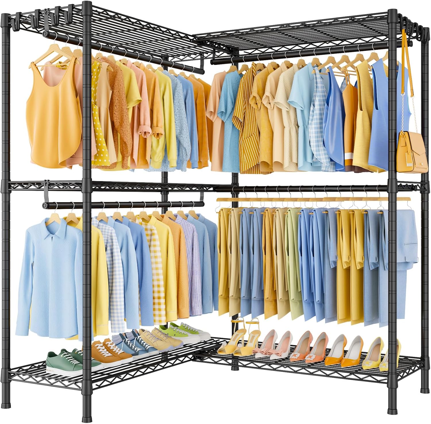 E15 Garment Rack L Shaped Clothes Rack for Corner，Freestanding Clothing Racks for Hanging Clothes，Heavy Duty Closet Organizer with 4 Hanging Rods & 8 S Hooks，43.3