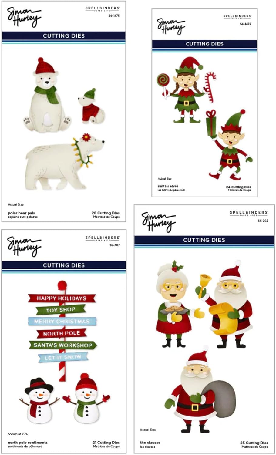 Spellbinders Simon Hurley Christmas Cutting Dies Bundle, North Pole Collection, 4 Die Sets - Santa's Elves, Polar Bears, Sentiments, Holiday Characters