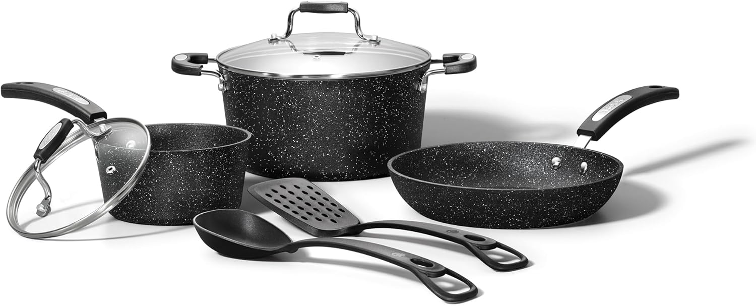 Starfrit The Rock 7PC Non-Stick Cookware Set - Durable Forged Aluminum - Oven Safe - PFOA Free - Easy to Clean - Black