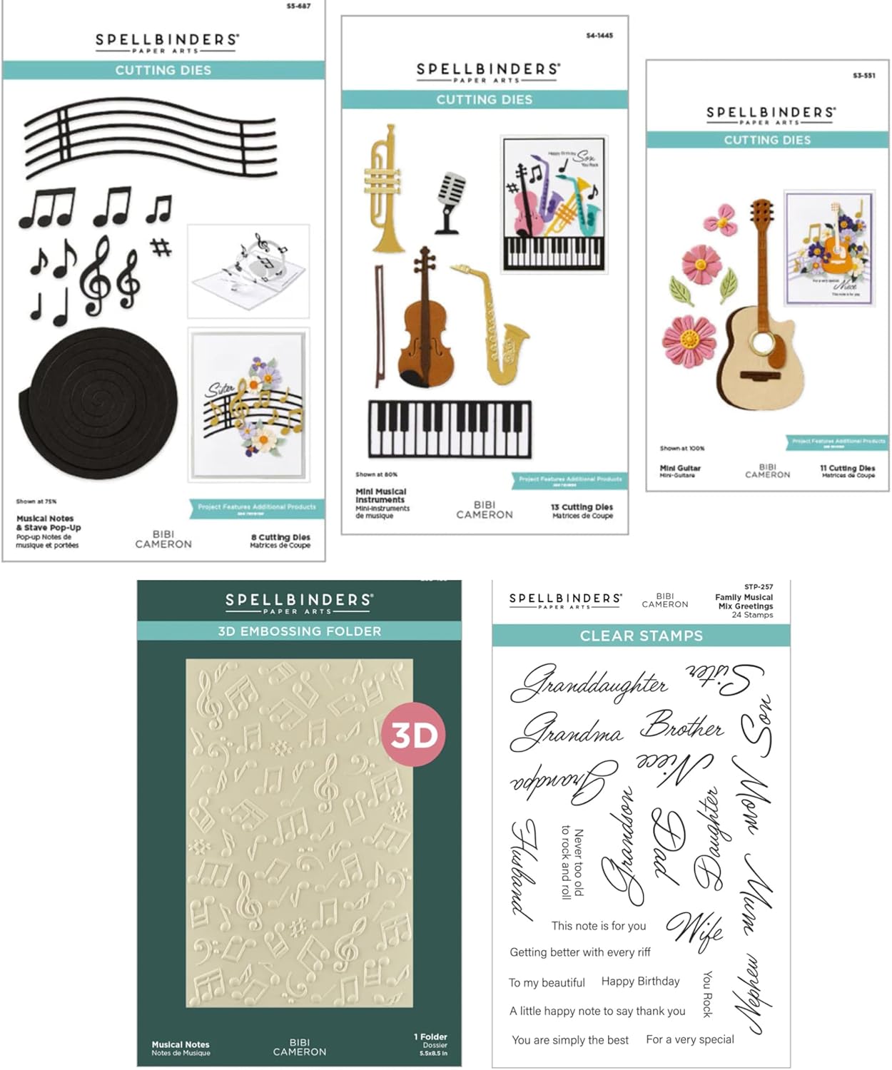 Spellbinders Music Themed Cutting Dies, Musical Notes (8 Pieces), Mini Musical Instruments (13 Pieces), Mini Guitar (11 Pieces), Musical Notes Embossing Folder, Musical Greetings Clear Stamps, 5 Piece