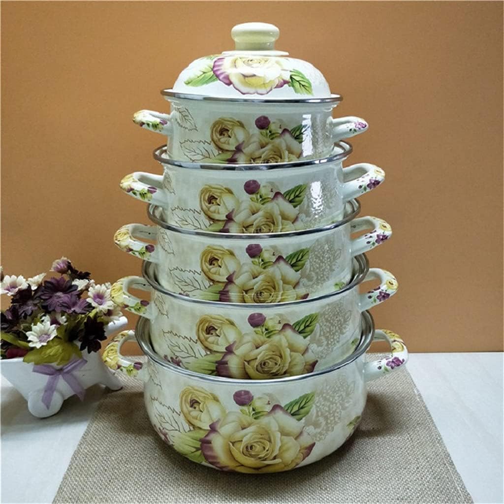 Household Enamel Flower 5 Soup Pot with Lid Frying Pan Painted Universal Cooking Utensils