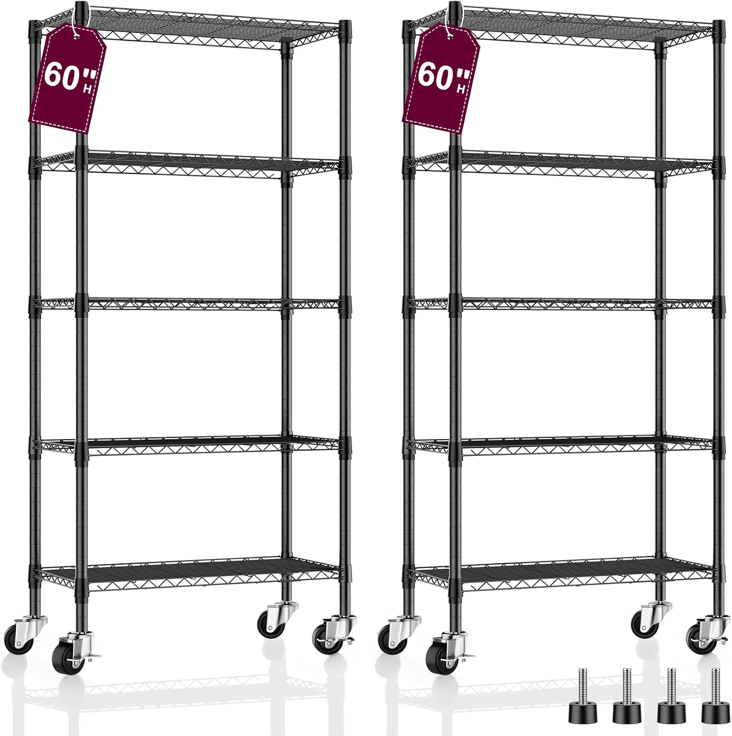 2 Pack 5-Tier Metal Wire Shelving Unit with Wheels & Feet, 14