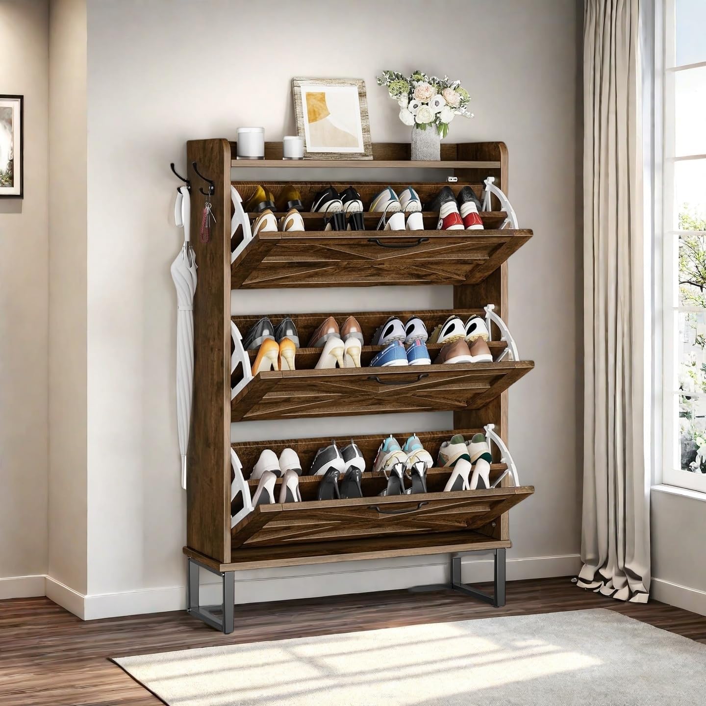 DWVO Farmhouse Shoe Storage Cabinet with 3 Flip Drawers, Slim Shoe Cabinet for Up to 24 Pairs, Narrow Shoe Rack for Entryway, Living Room, Hallway (Rustic Brown)