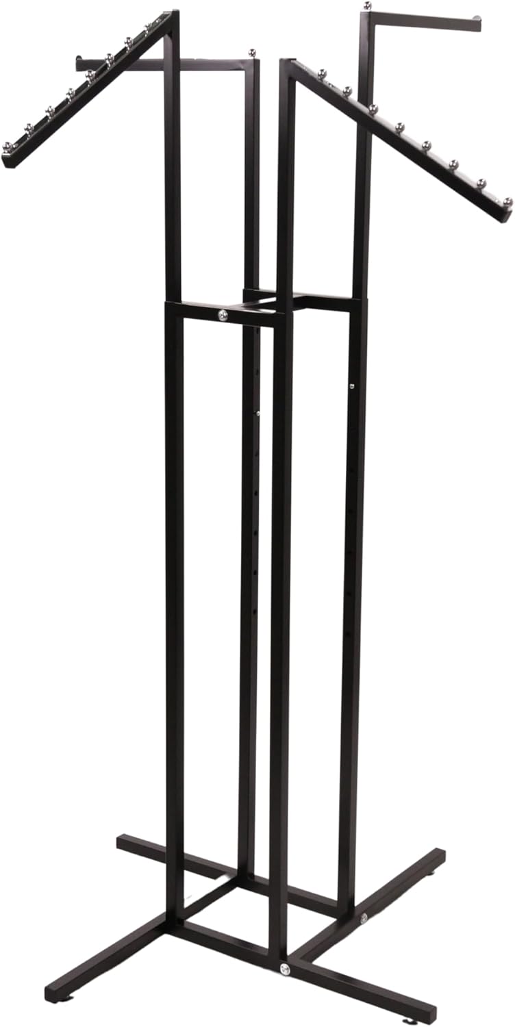 SSWBasics Versatile T Shirt Display Rack - Adjustable Height Clothing Display with 4 Arms (2 Straight & 2 Slant) - Durable Black Retail Clothing Rack for Shirts, Dresses - Easy Assembly