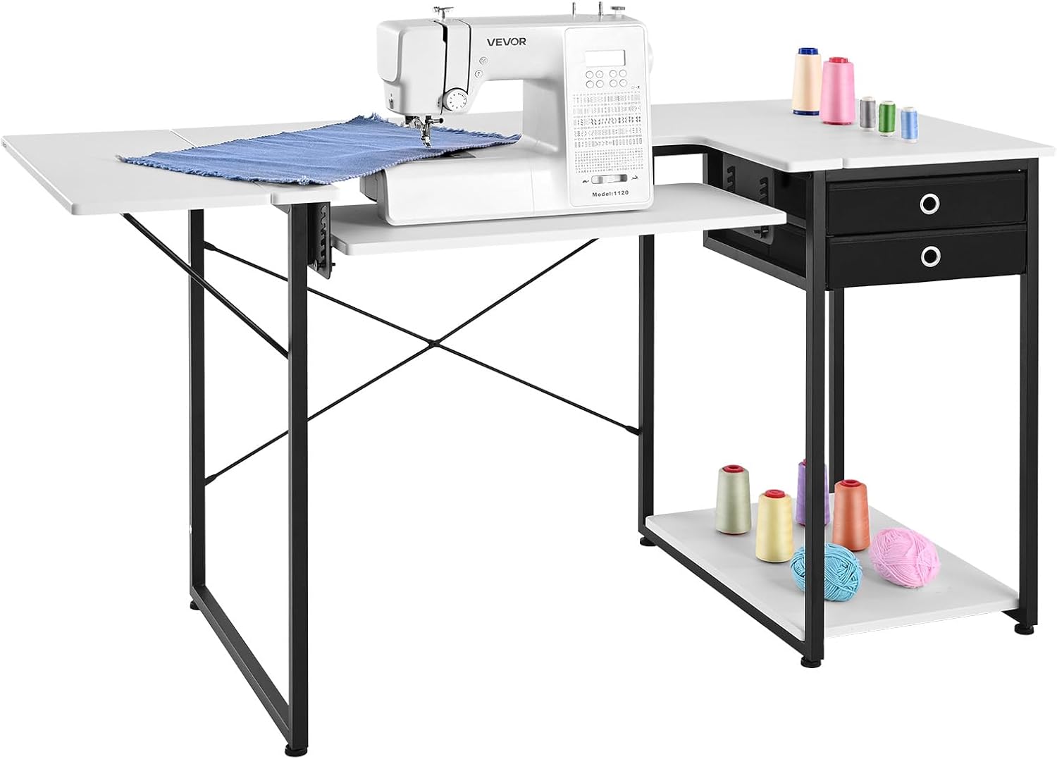VEVOR Sewing Table, Multipurpose Sewing Machine Table with Foldable Side Shelf, Adjustable Shelf, Steel Legs, Computer Desk for Home, Fashion Studio, Art Studio, Educational Institution, White