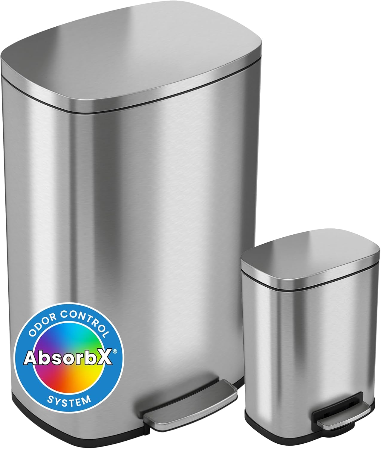 iTouchless SoftStep Combo Pack 13.2 & 1.32 Gallon Kitchen and Bathroom Trash Cans with Odor Filter & Inner Bucket, Stainless Steel Pedal Recycle Garbage Bins for Home & Office Soft and Quiet Lid Close