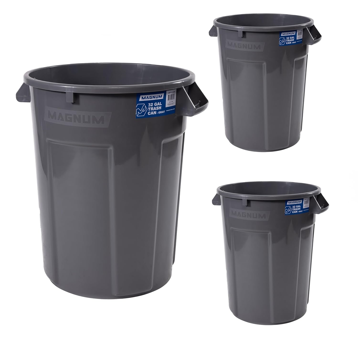 Magnum 32 Gallon Trash Can, Construction Grade, Heavy Duty Plastic, Jobsite Ready for Handling and Holding Garbage CMTC-C000-32G03 (3 Pack)