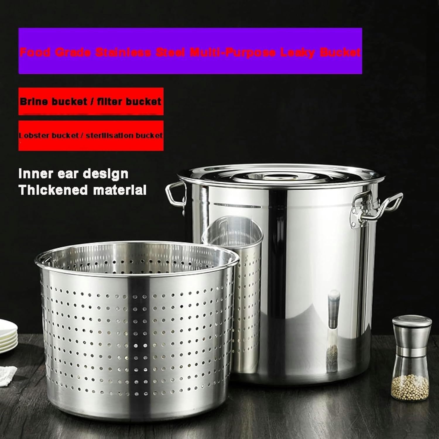 Stainless Steel Stockpot w/Strainer Basket 27QT/45QT/63QT Crawfish Seafood Boil Pot Outdoor Cooking Stock Pot for Steaming and Boiling Deep Frying/Siliver / 40x40cm(Siliver 45x45cm)