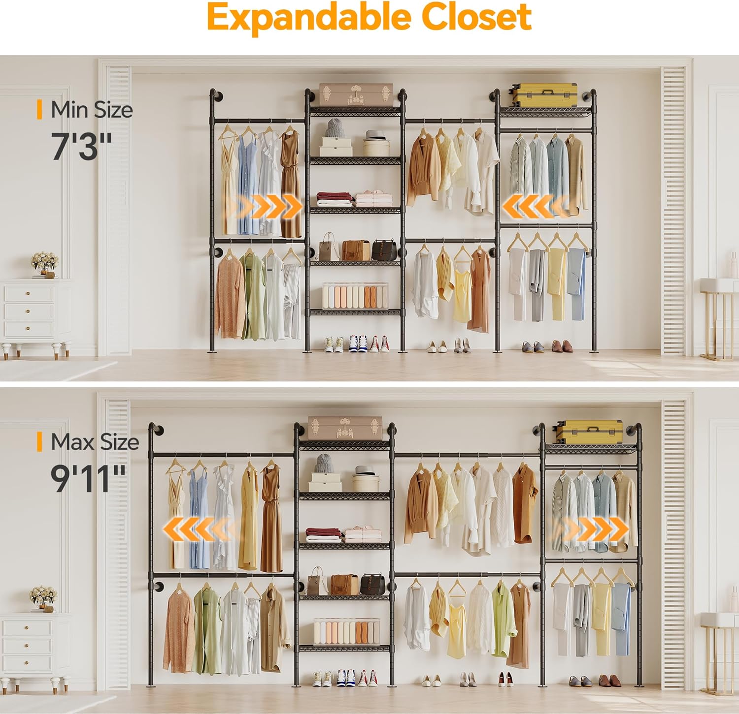 W4 Industrial Pipe Clothing Rack Wall Mounted Closet System Expandable Clothes Rack for Hanging Clothes, Heavy Duty Garment Rack Adjustable for Walk in Closet, Black