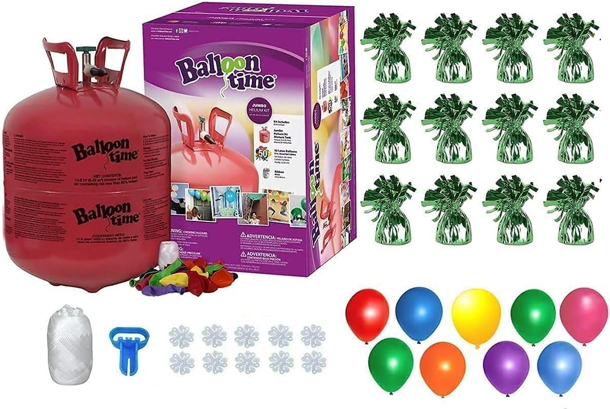 BLUE RIBBON Helium Tank with 50 Balloons and White Ribbon + 12 Orange Weights + Plus Tying Tool