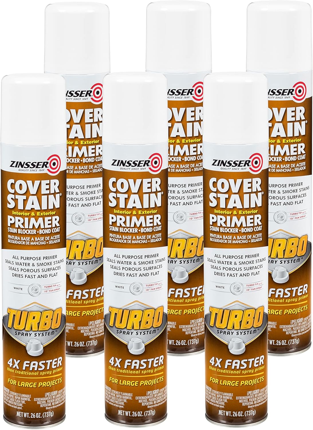 Zinsser Cover Stain Turbo Primer Spray, 26 oz, White, (Pack of 6)