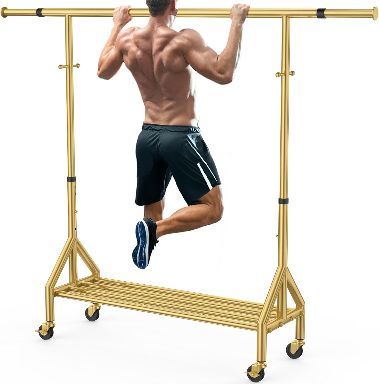 100% Stainless Steel Heavy Duty Clothes Rack, Load 960LBS, Double Rod, Extendable Rolling Garment Rack with Shelves, Modern Style, Recommended for Clothes & Accessories