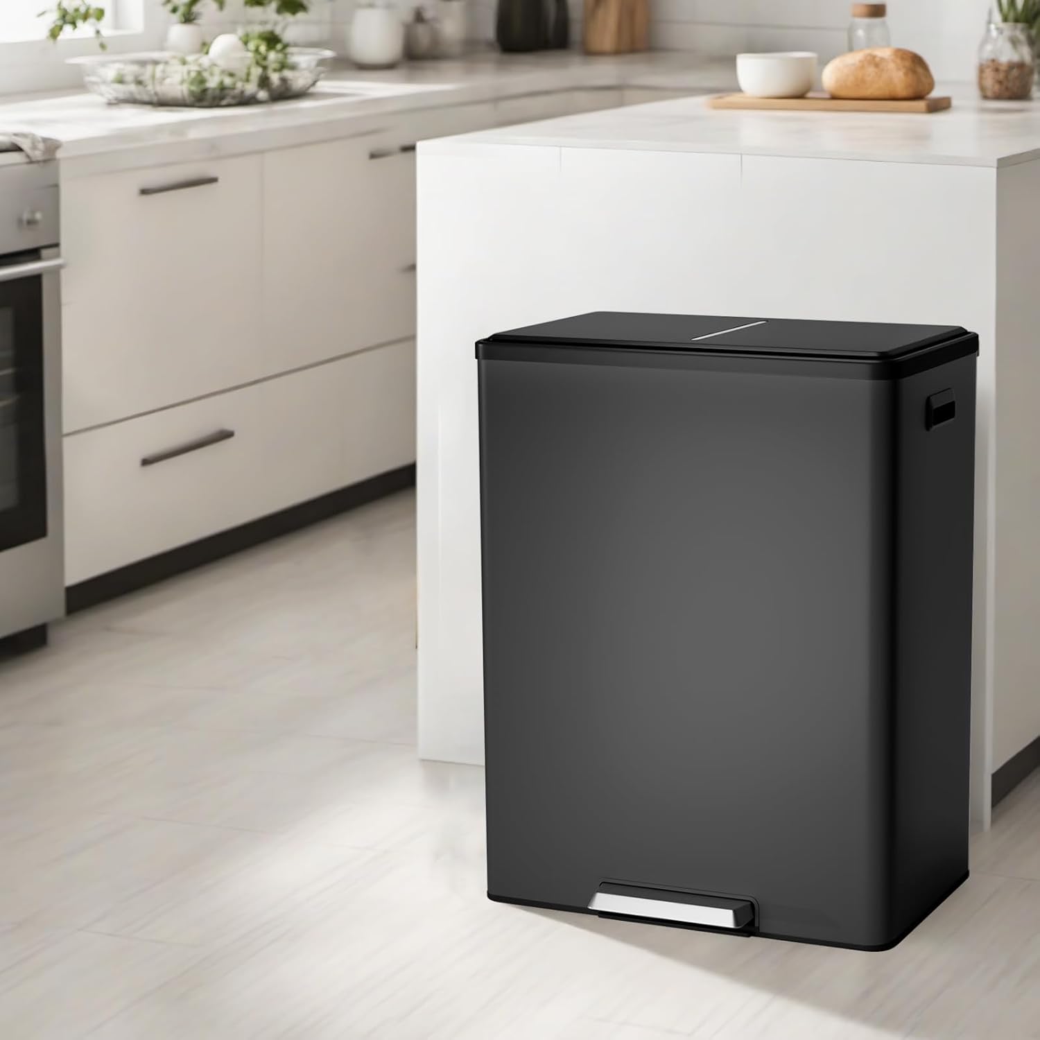 Kitchen Trash Can, 16 Gallon Dual Compartment Trash Bin, Stainless Steel Garbage Can with Soft Close Lid and Foot Pedal, Rubbish Bin with Removable Inner Buckets for Home Office