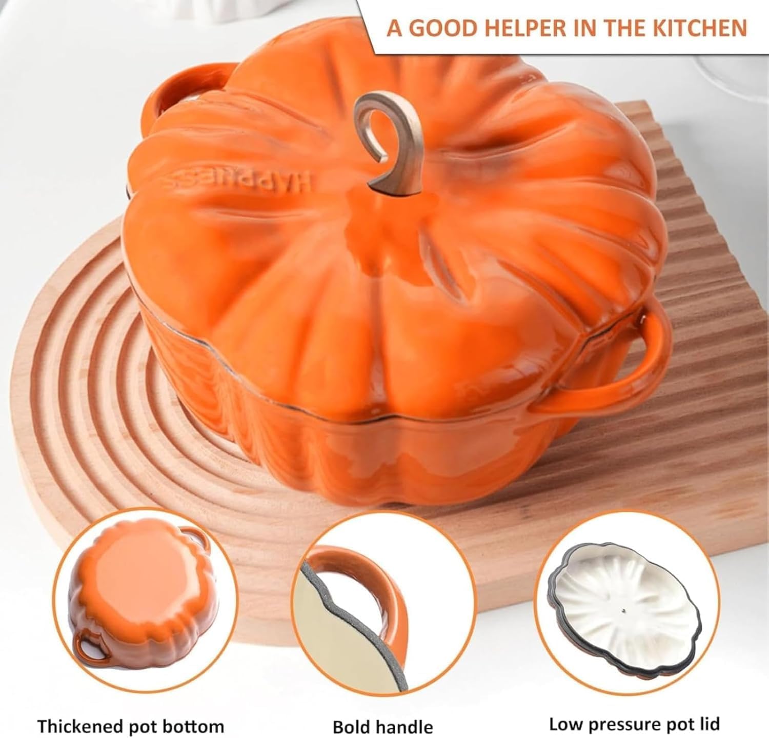 Enameled Cast Iron Dutch Oven, Pumpkin Pot with Lid, 4-Quart Cookware Set, Serves 3-5, Heavy-Duty Cookware for Braising, Stews, Roasting, Halloween and Thanksgiving Decor Gift (Orange-A,6.2in)