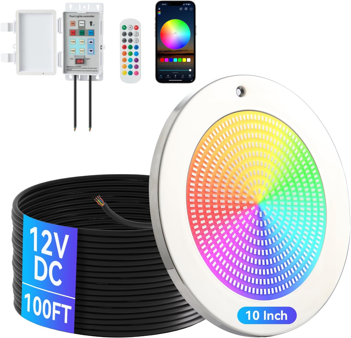 54W LED Pool Light for Inground Pools, 10 Inch, 100FT Cord, 12V, Waterproof 2-in-1 Controller & Transformer, 316 Stainless Steel, Remote & Manual Control, Suitable for Most 10 Inch Wet Niches