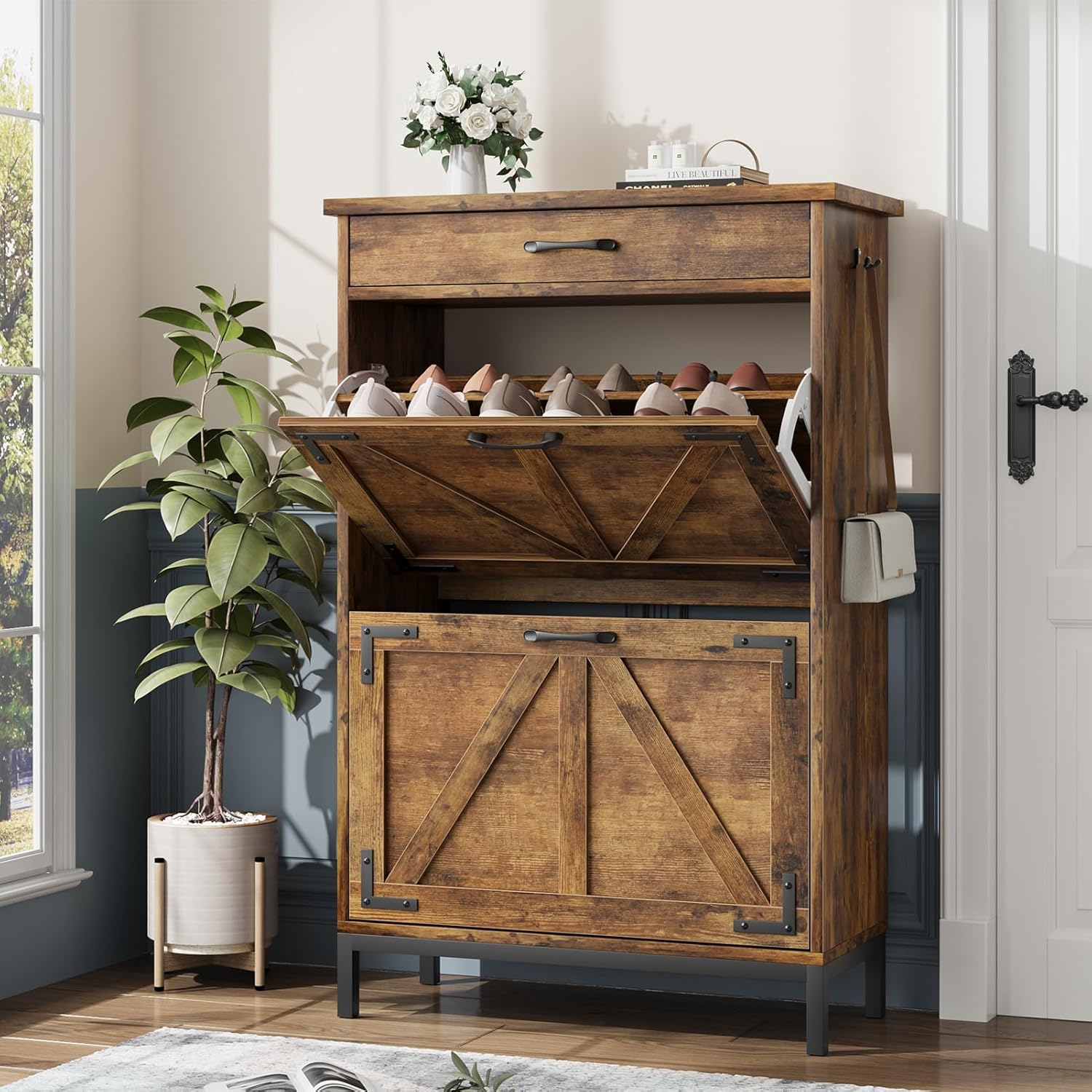 Shoe Storage Cabinet, Farmhouse Shoe Organizer with 2 Flip Drawers & Barn Door Design, 1Top Drawer Storage, Freestanding Hidden Slim Narrow Shoe Rack Cabinet for Entryway, Hallway - Walnut