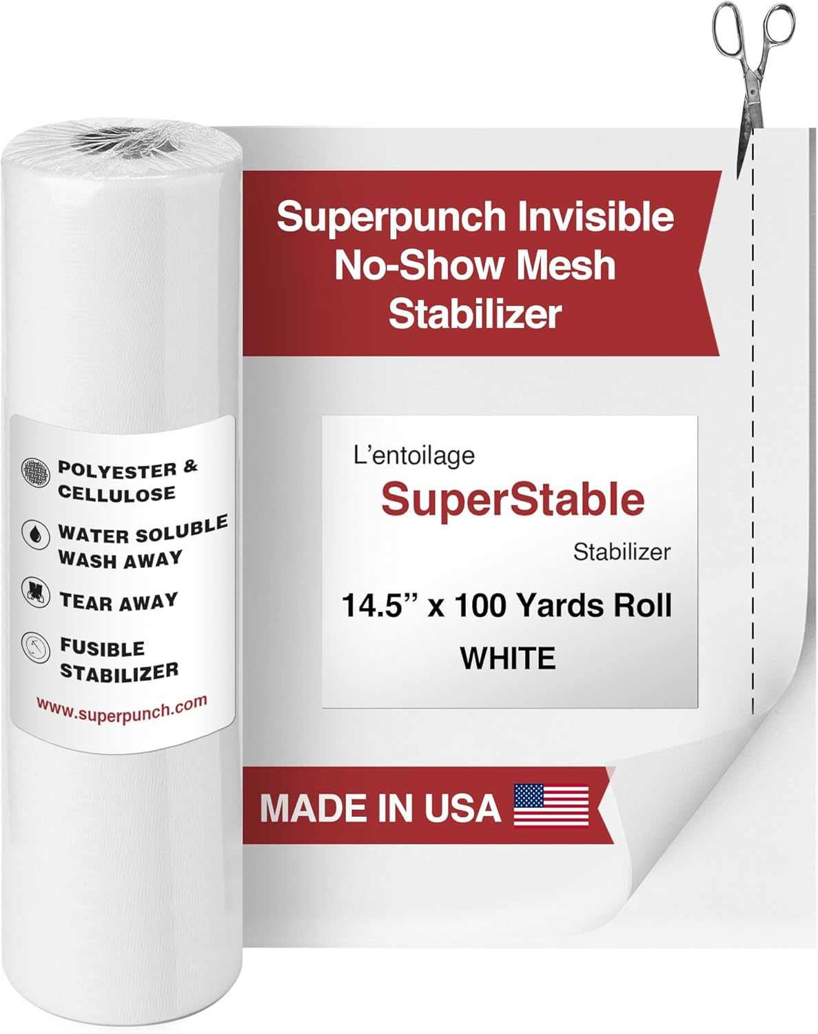Superpunch Invisible No-Show Mesh Stabilizer, 1.5 oz Cutaway for Embroidery Machines-14.5inch x 100Yard Roll, SuperStable Lightweight Cut Away Machine Stabilizers Backing, Made in USA (White)