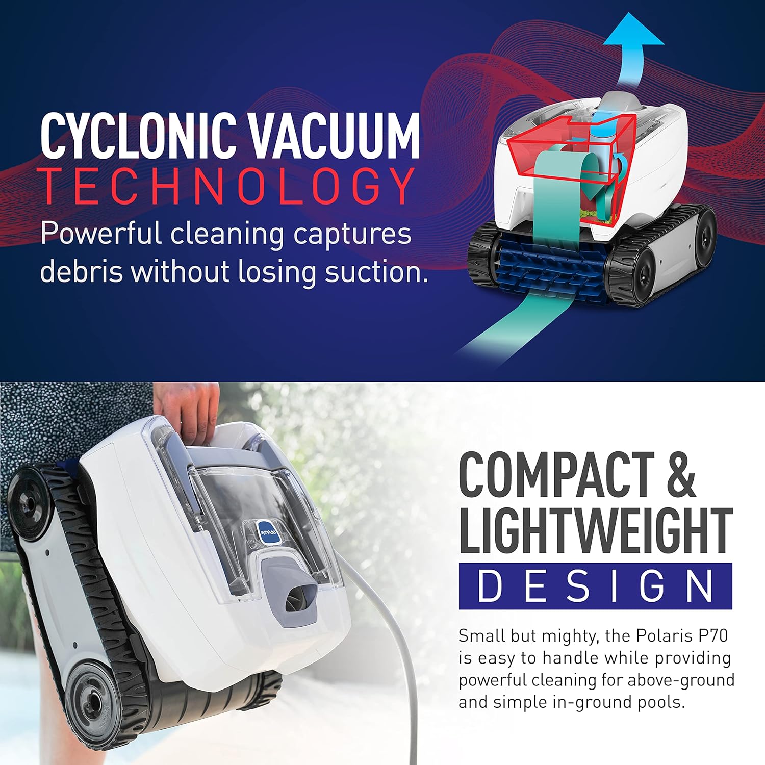 Polaris P70 Robotic Pool Cleaner for Flat Bottom Pools, Transparent Lid w/Easy Clean Filter Canister, Compact & Lightweight