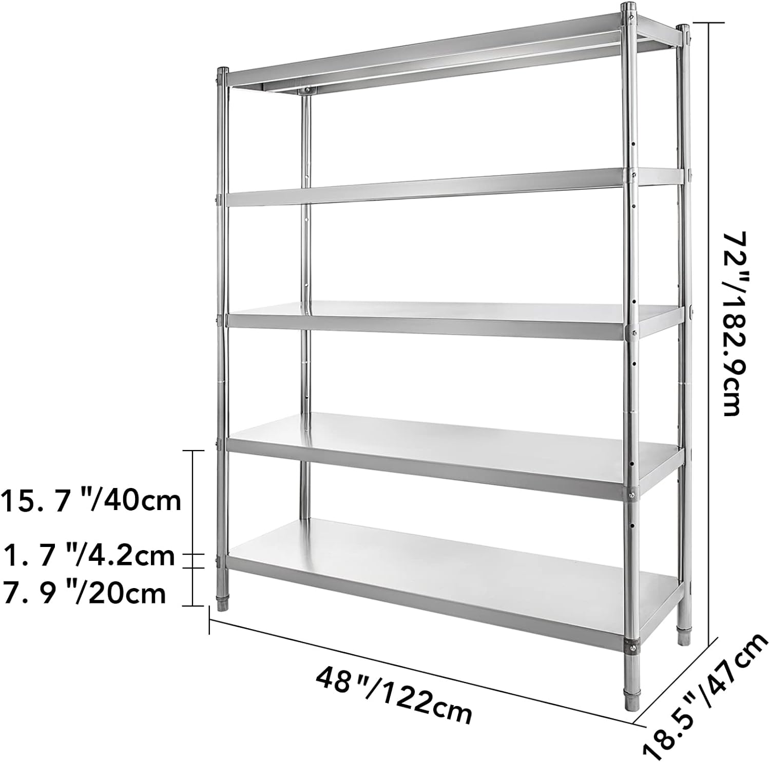 VEVOR Stainless Steel Shelving 48x18.5 Inch 5 Tier Adjustable Shelf Storage Unit Stainless Steel Heavy Duty Shelving for Kitchen Commercial Office Garage Storage 330lb Per Shelf