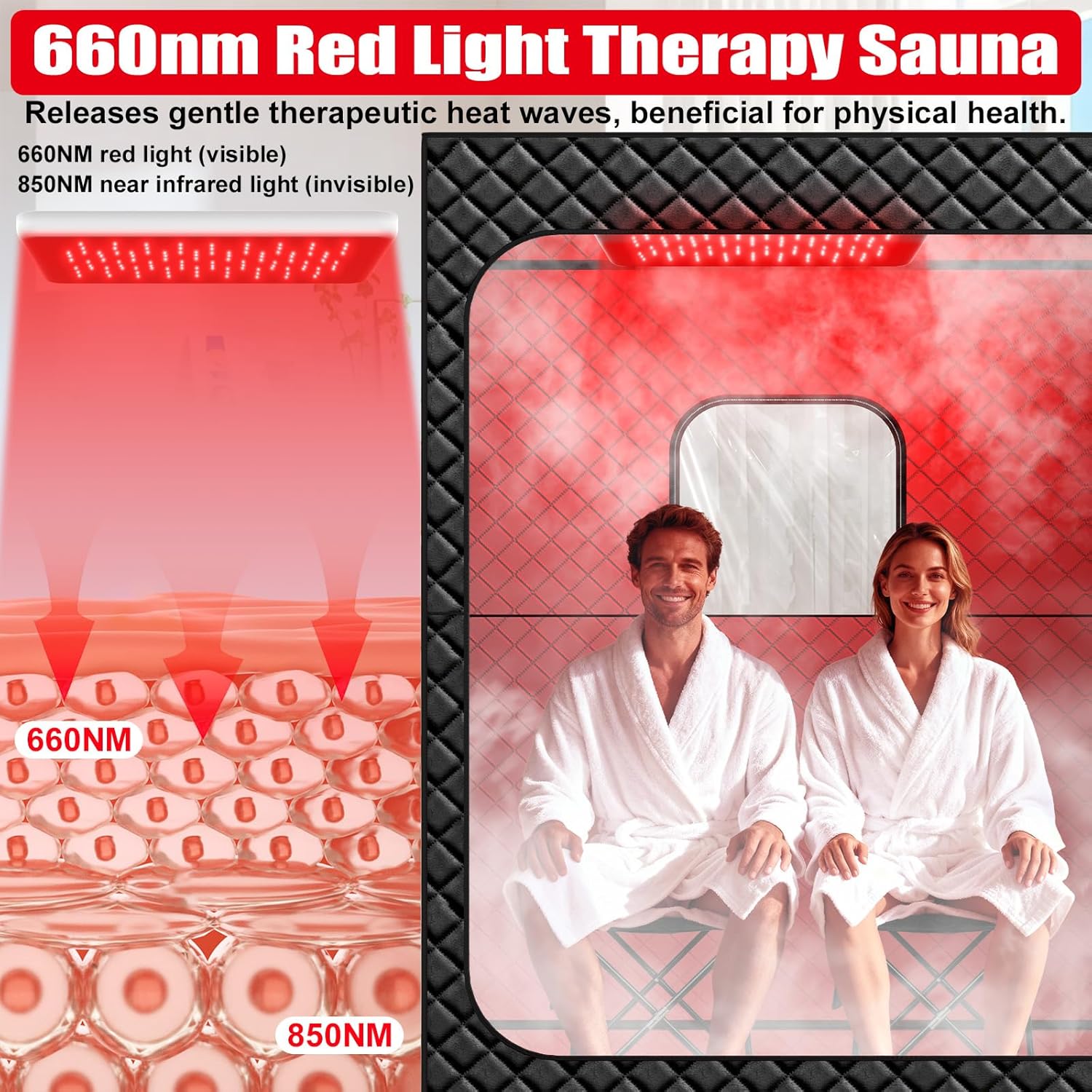2 Person Infrared Sauna Box for Home, Portable Steam Sauna with 660nm Red Light Therapy Lamp, 5-Layer Waterproof, 2 Steamers, 2 Folding Chair