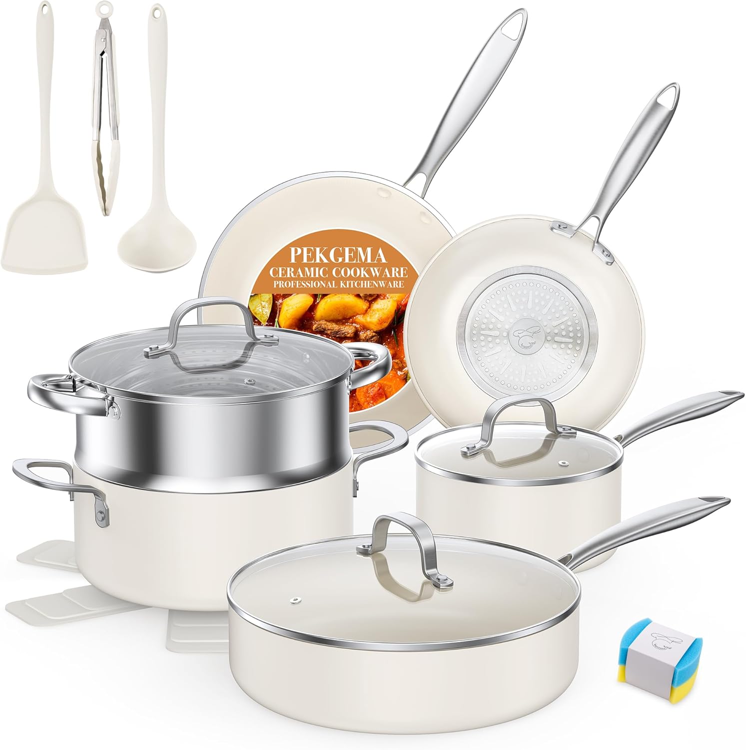 PekGema Ceramic Cookware Set 15-Pieces, Pots and Pans Set Non Stick, Oven Safe Non Toxic, Kitchen Cookware Set, PFOA PTFE FREE, Gold White