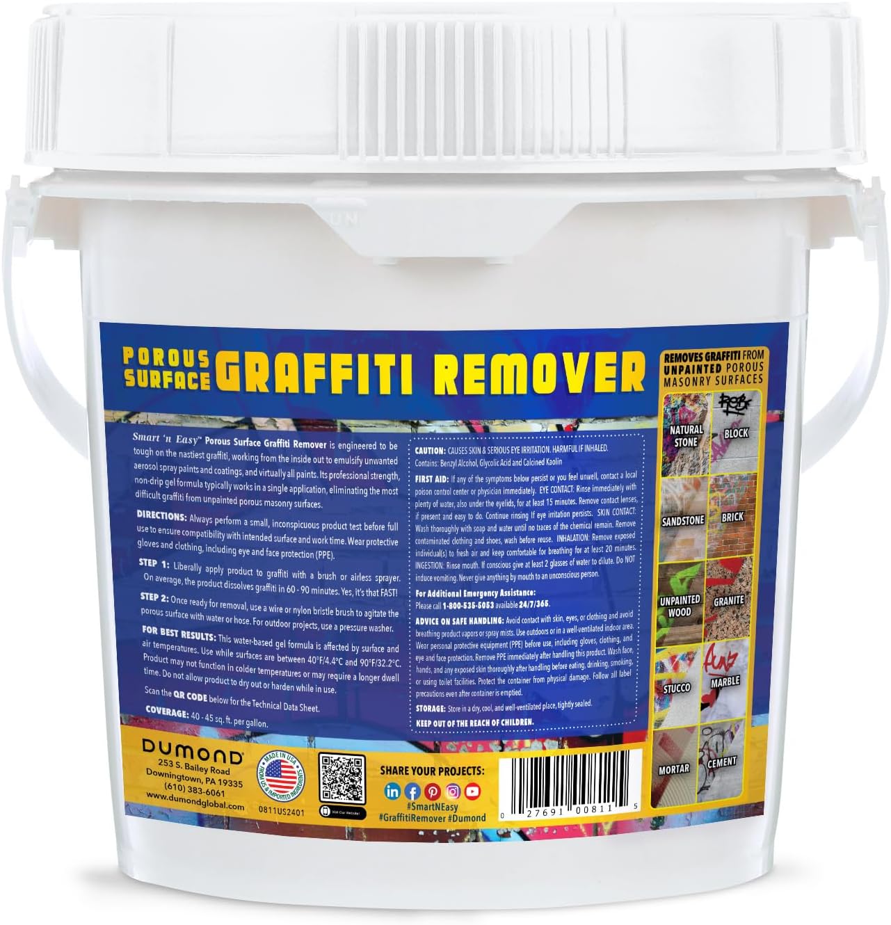 Smart 'n Easy Porous Surface Graffiti Remover - Eliminates Unwanted Graffiti from Unpainted Wood & Masonry Surfaces - Removes Aerosol Spray Paints, Crayon, Marker, Ink, Paint, Coatings (Gallon)