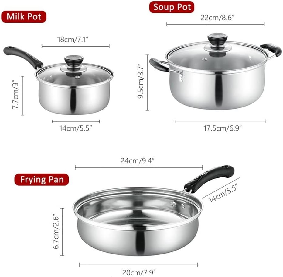 3 Non-Stick Stainless Steel Pans Stock Pot With Lid + Milk Pot With Lid + Frying Pan Kitchen Cooker