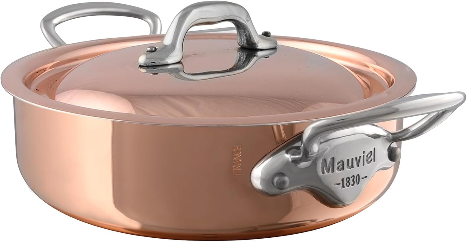 Mauviel M'Heritage 150 S 1.5mm Polished Copper & Stainless Steel Rondeau/Braiser Pan With Curved Lid and Cast Stainless Steel Handle, 6-qt, Made In France