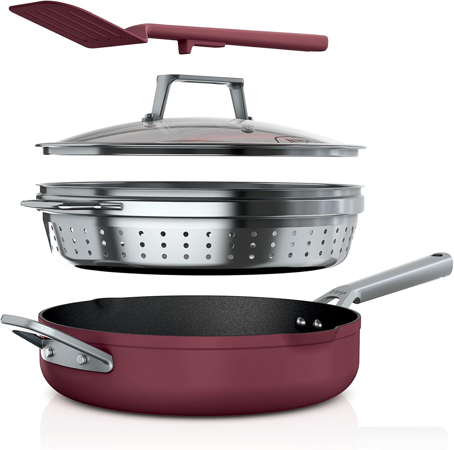 Ninja, Cookware, Steamer, Strainer Basket, Glass Lid and Spatula, Foodi NeverStick PossiblePan, Premium Set with 4-Quart Capacity Pan, Nonstick, Durable, Oven Safe Cookware, Cherry Tart, CW102BL