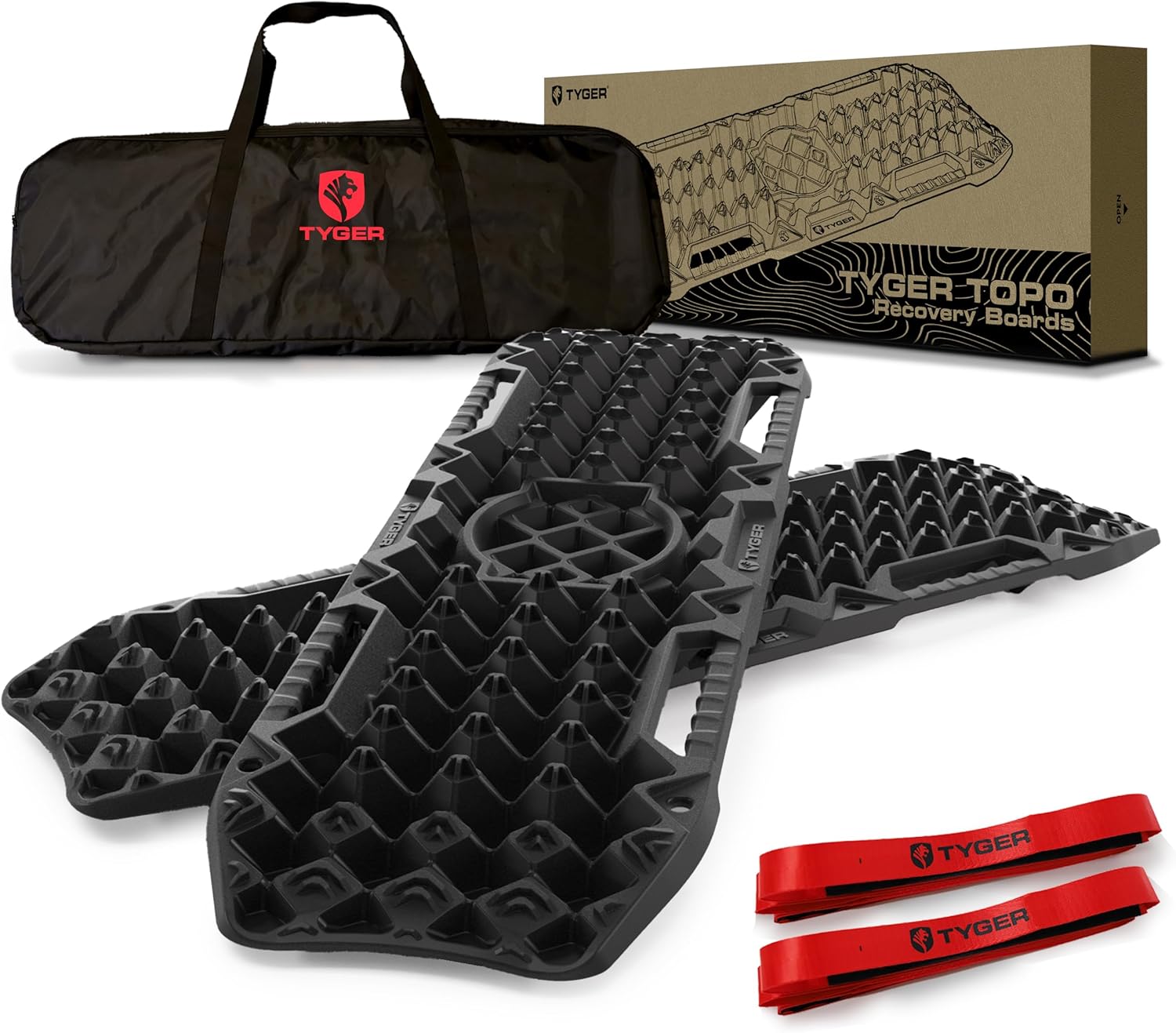 Tyger Auto Topo Off-Road Recovery Boards | Jack Lift Compatible | Extra Wide | Emergency Rescue on Mud, Snow, Sand for Trucks SUV | Tire Wheel Traction Mat Ramp Pads | Pair Set | Black | TG-RD2U22238