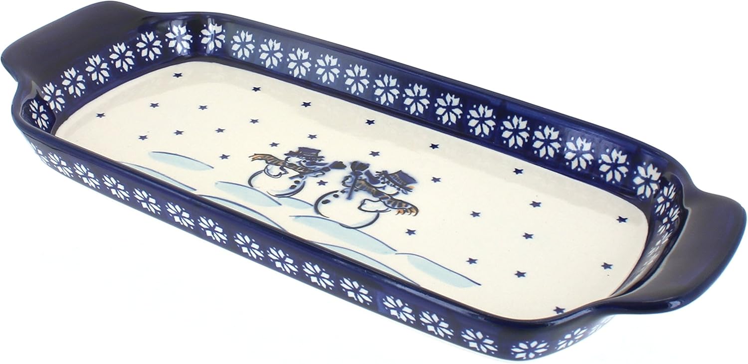 Blue Rose Polish Pottery - Blue Frosty Friend Bread Tray with Handles - 13.25