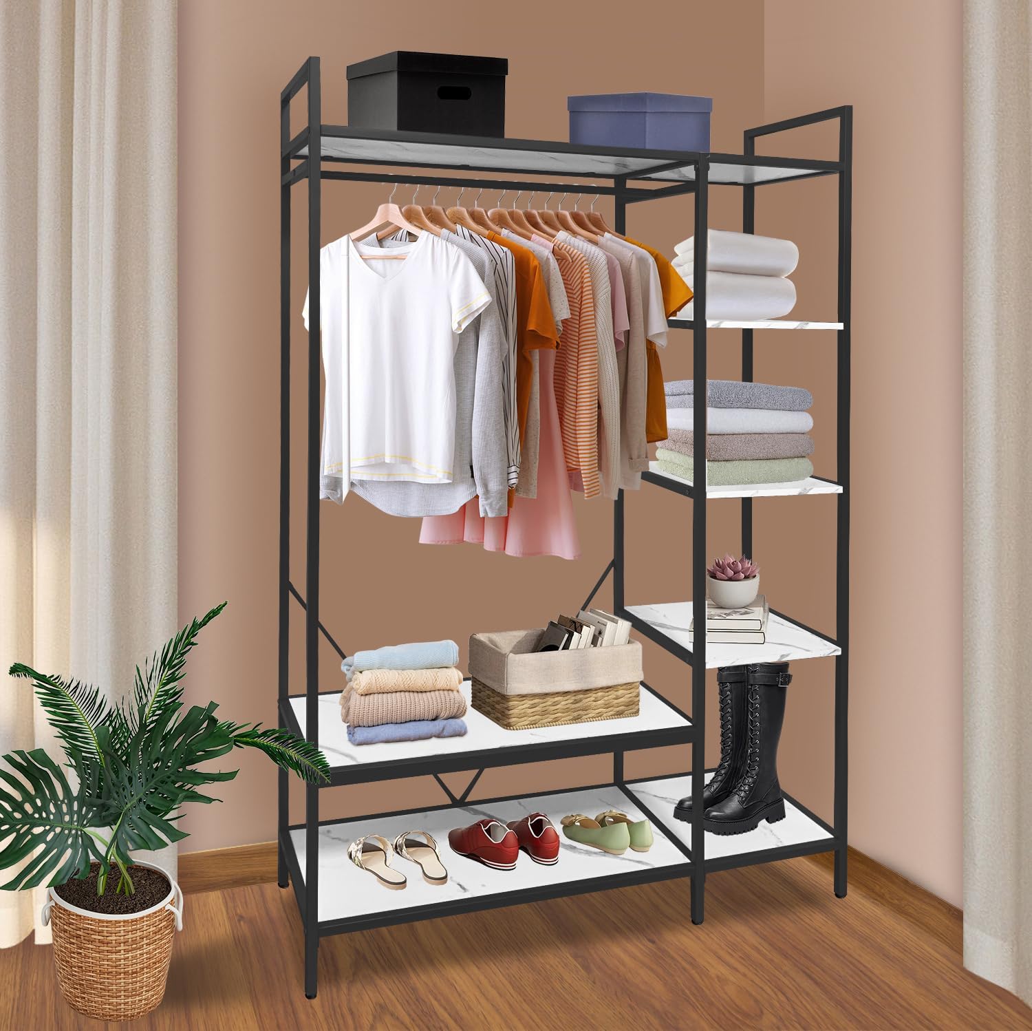 AT-VALY Heavy Duty Clothes Rack with Shelves,Freestanding Closet Organizer Metal Wardrobe Closet Mens Womens Storage Shelves Clothes Storage Rack (Black)
